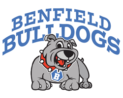 Smiling grey bulldog in front of blue Benfield Bulldogs text 