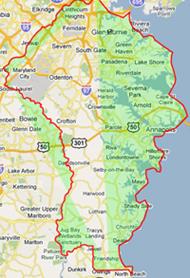 Map outline for Anne Arundel County denoting the boundaries for student attendance 