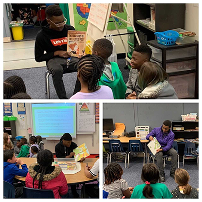 Collage of teachers with students in classroom reading, interacting 