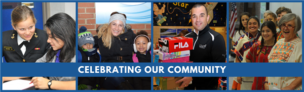 Celebrating Our Community--four photos of diverse community members sitting with students and volunteering Celebrating Our Community--four photos of diverse community members sitting with students and volunteering