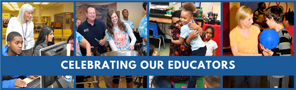 Celebrating Our Educators--four photos of teachers with students in AACPS classrooms. Celebrating Our Educators--four photos of teachers with students in AACPS classrooms.