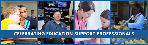 Celebrating Education Support Professionals--Four photos of AACPS employees working in computer lab, health room, and cafe Celebrating Education Support Professionals--Four photos of AACPS employees working in computer lab, health room, and cafe