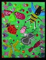 Assemblage with found objects on a green background