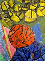 Abstract painting with yellow, orange and blue