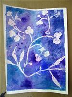 Wax resist drawing of flowering tree branch on blue background