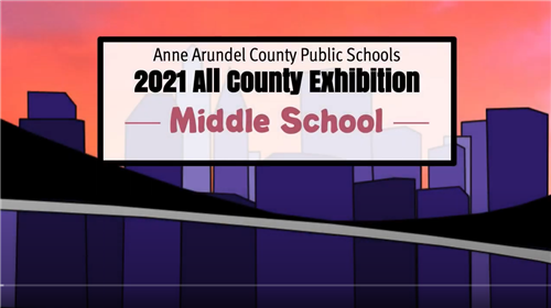 Middle School slide - digital drawing of a city skyline with a pink sunset sky