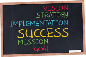 chalkboard displaying the words: vision, strategy, implementation, success, mission, goal in various rainbow colors 