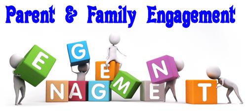 Picture with Parent & Family wording at top and characters with no features arranging the letters of the word engagement Picture with Parent & Family wording at top and characters with no features arranging the letters of the word engagement
