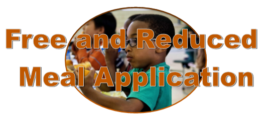 Free and reduced meal application words with child eating lunch in the middle of the words