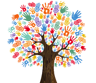 Tree with colorful animated hands as leaves