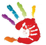 rainbow-colored adult hand print with smaller white handprint inside 