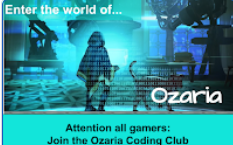 Coding Club flyer - Ozaria flyer - coding script n blue screen with mystery person walking into a new "world."