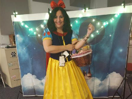 Music teacher dressed as Snow White